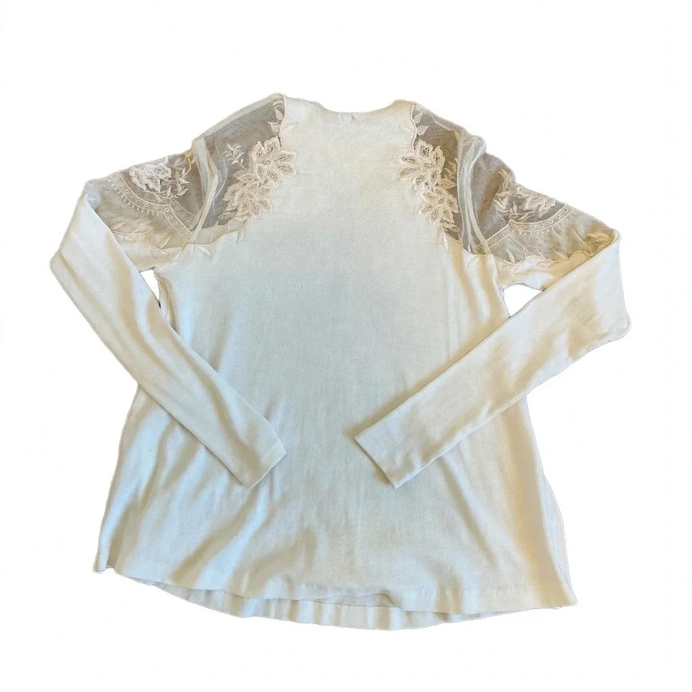 Free People Cream Ribbed Knit Embroidered Mesh Lace Long Sleeve Top XS